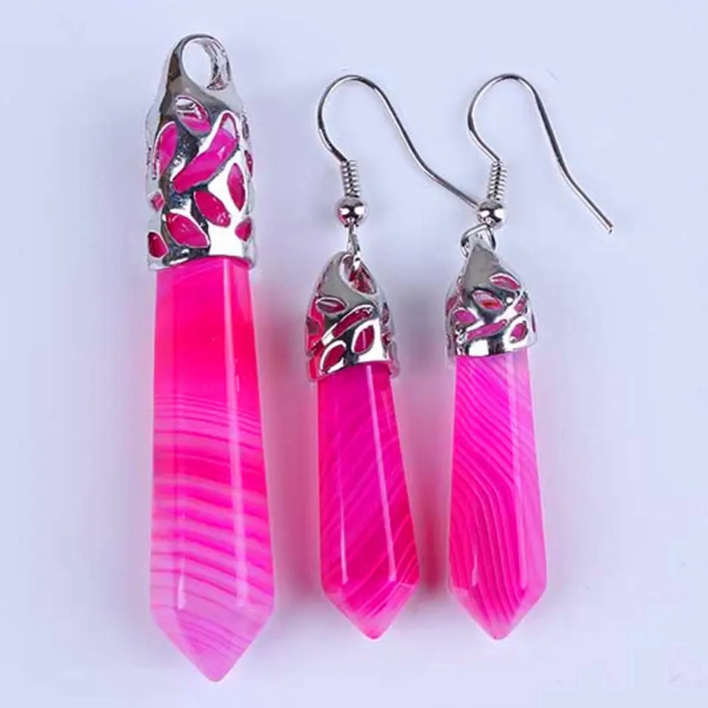 Pink Lace Agate Pendant And Earrings Set